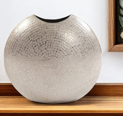 14" Silver Hammered Round Aluminum Table Vase